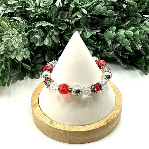 Beaded Bracelet Red and Clear With Silver Accents and Candy Cane Charm - Picture 4 of 8